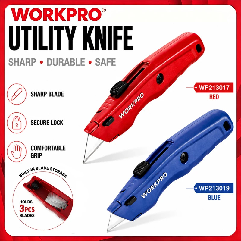 WorkPro WP213017 WP213019 Heavy Duty Aluminum Body Retractable Touch-Up Utility Knife + 3 Replacement Blades