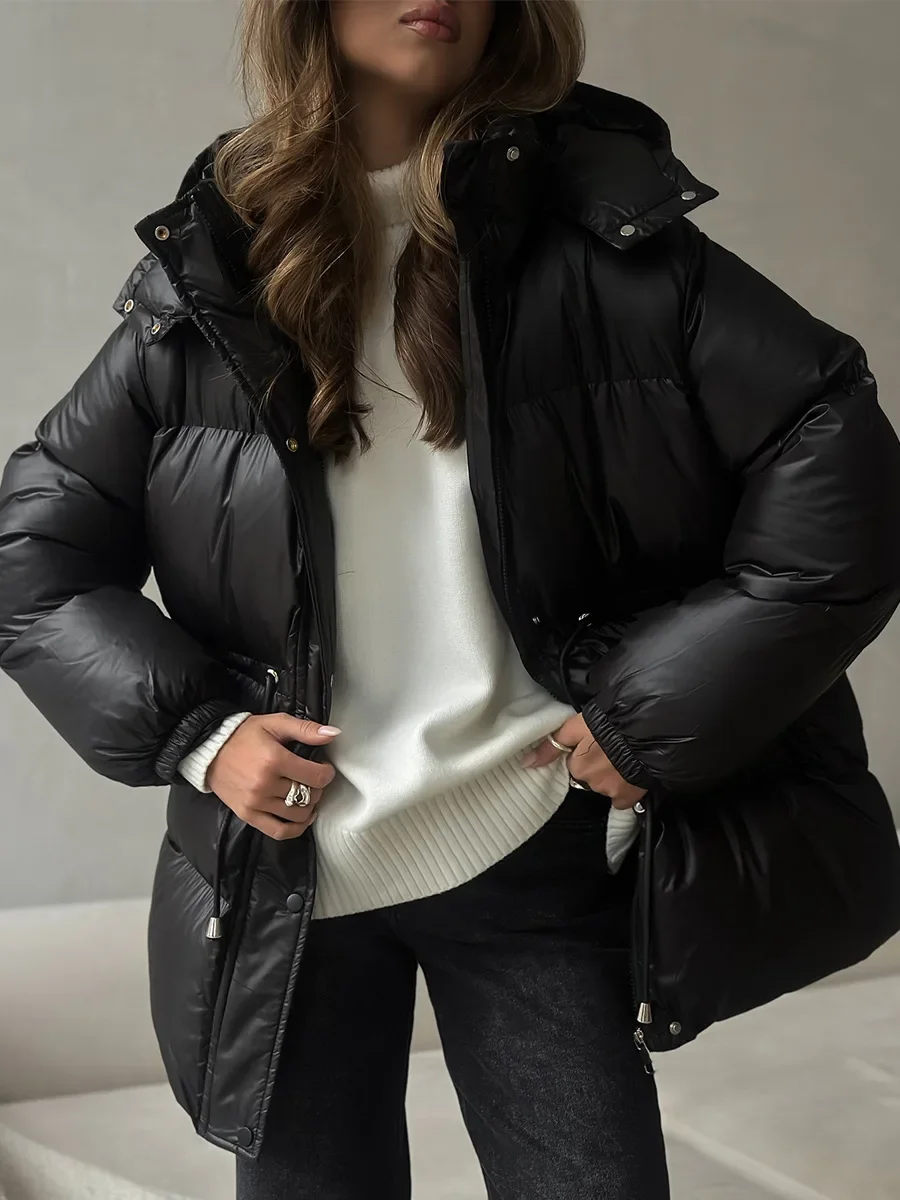 Fmxires 2025 Nuova giacca in cotone slim fit con coulisse Giacca invernale da donna in cotone con cerniera con cappuccio Comoda giacca da pane calda