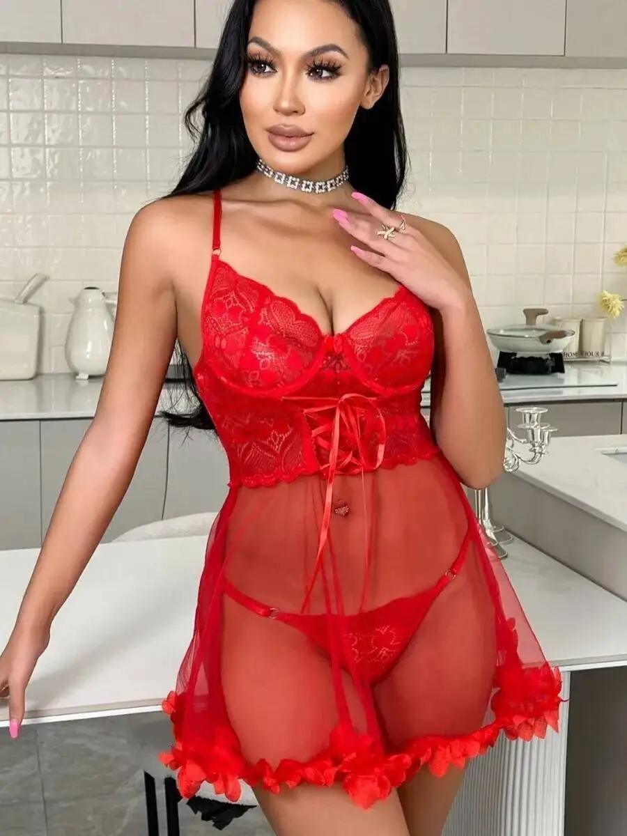 섹시한 드레스 스트랩 나이트 드레스 홈 세트 레이스 트림 브이넥 시어 투명 백리스 딥 브이 서스펜더 민소매 드레스 우아한 UJW4