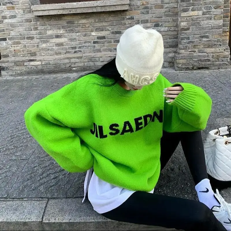 Green Loose Sweater Lazy Wind Letter O-Neck Sweater Women Korean Spring Autumn Temperament Knitted Tops Lady Pullover Loose Top