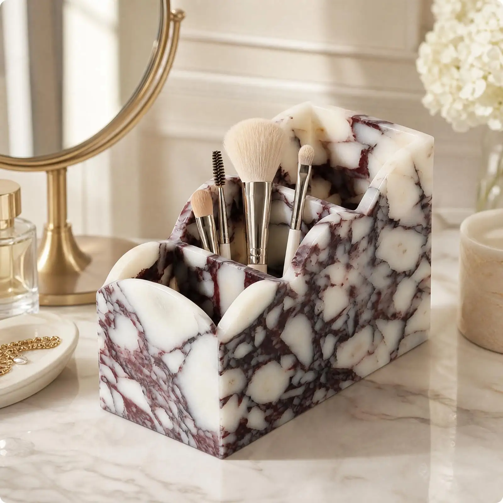 Marble Cosmetic Storage Box Solid Marble Vanity Organizer with Stepped Compartments Marbled Decorative for Dressing Table