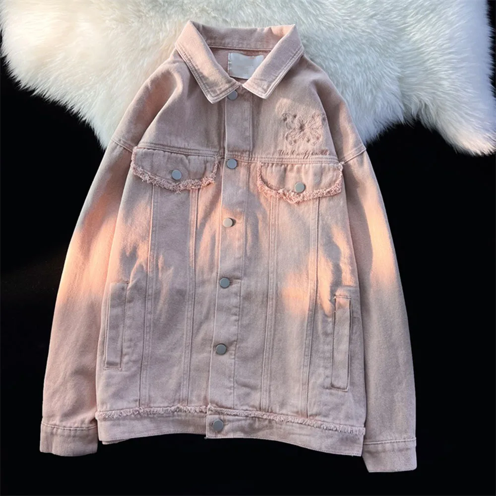 Spring Vintage Lapel Pink Embroidered Butterfly Denim Coats Women Autumn Loose Street Couple Jean Jacket Ladies Fashion Outwear