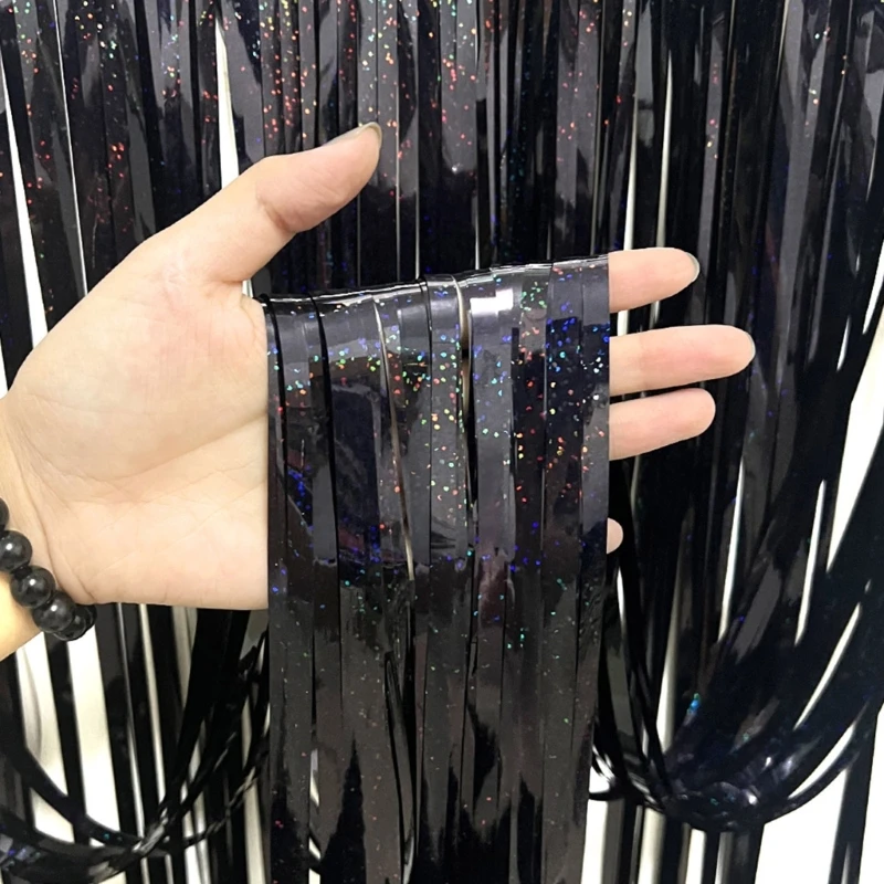 1 confezione Black Metallic Tinsel Foil Fringe tende Photo Booth puntelli Halloween Birthday Holiday Party Celebration Decor all'ingrosso