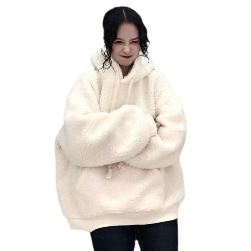 Autumn Hoodie Pullover Women Fleece Hooded Sweatshirt Winter Loose Oversized Casual Student Solid Color Jacket Cute Kawaii Tops