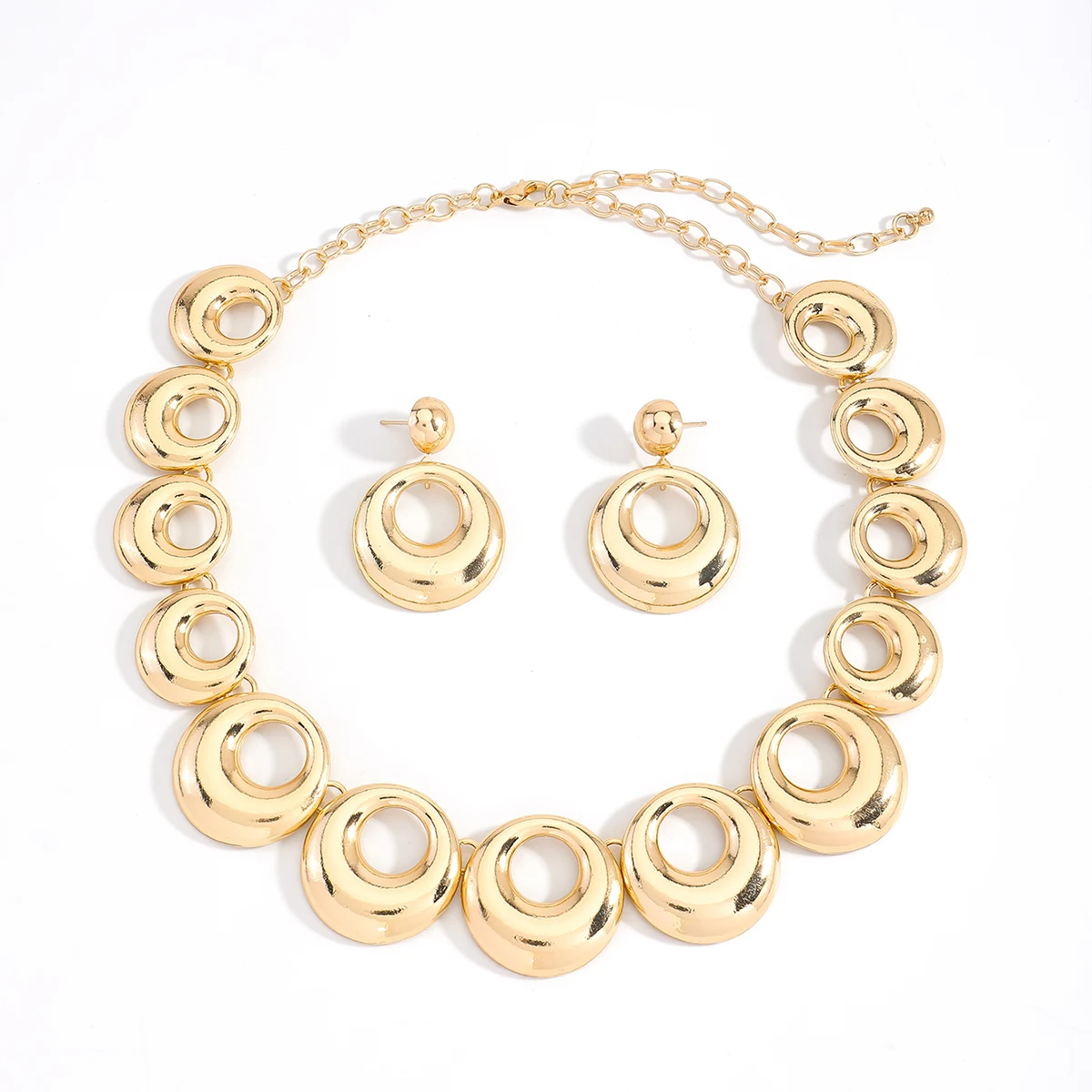 

Exaggerated Retro Punk Metal Hollow Geometric Necklace Earrings Set Personalized Smooth Elliptical Spliced Jewelry Accessories