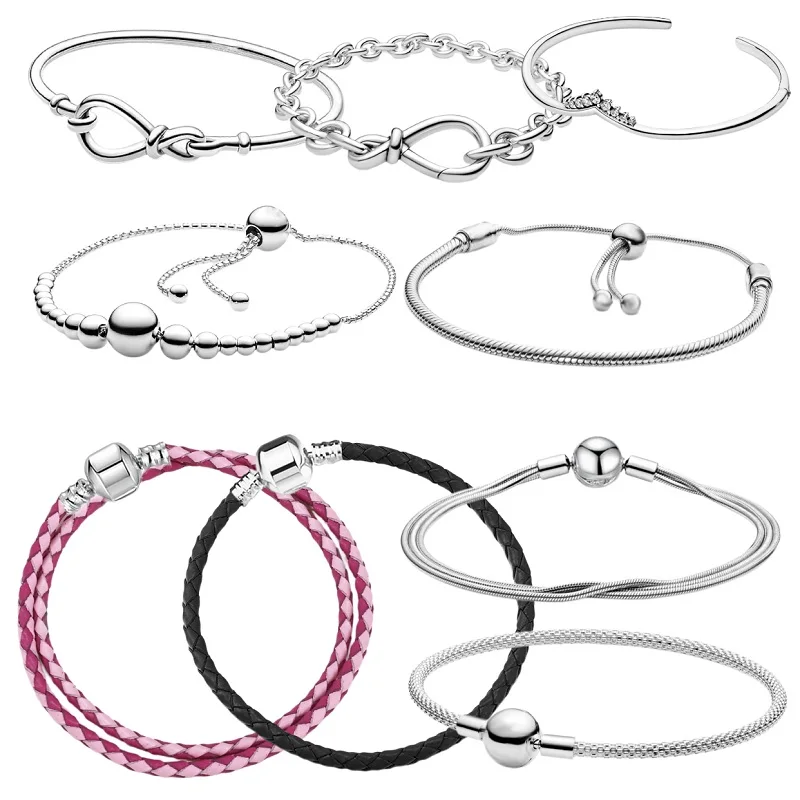 Pulsera clásica de 100% Plata de Ley 925 con forma de corazón brillante, pulsera de cuerda de cuero con espoleta, joyería de moda ajustable, hermosa DIY para mujer