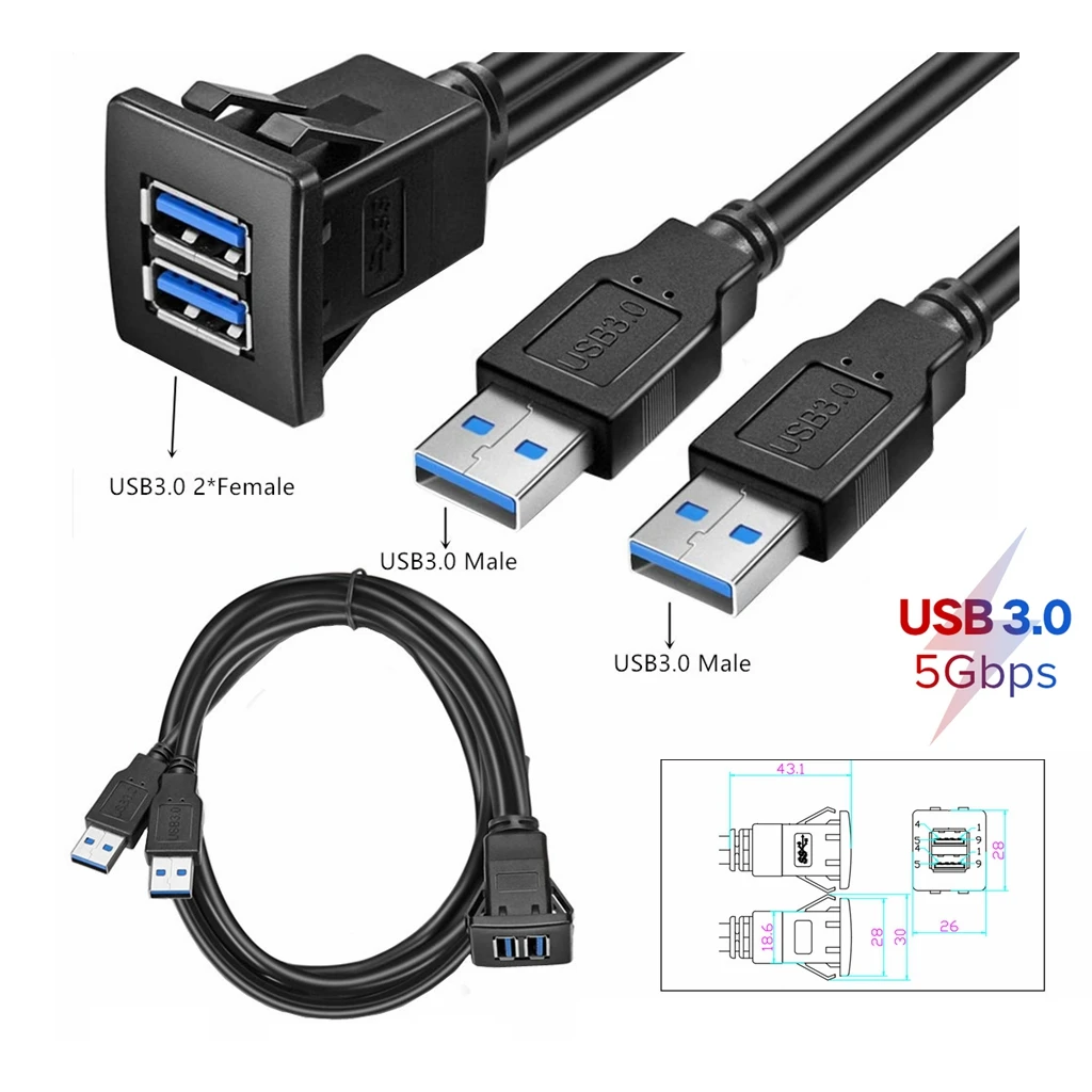 Dual-Port-USB-Buchse verlängern Cabe USB 3,0 Auto Auto Unterputz-Verlängerung kabel Armaturen brett Panel quadratisches USB-Kabel für Auto Motorrad