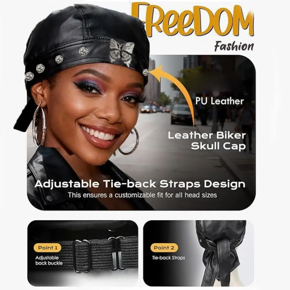 PU Leather Black Biker Cap Adj - Bandana Doo Rag avis et prix