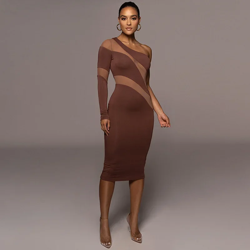 Een schouder mesh pure midi-jurk voor dames party club elegante jurken herfst mode-jurk