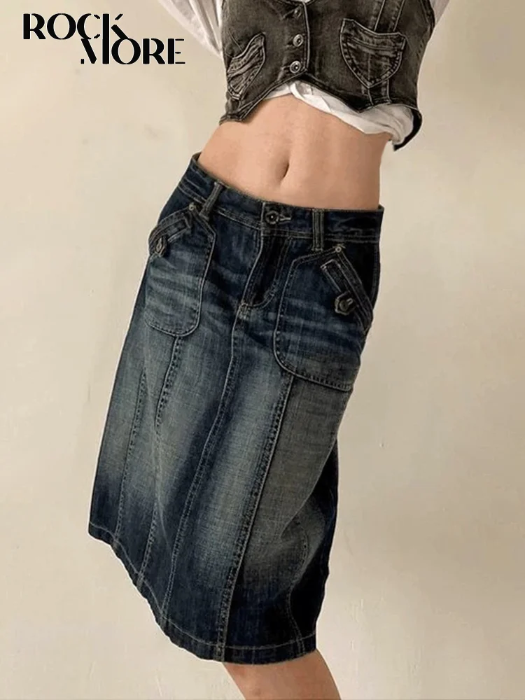 Rockmore Vintage Blue Straight Denim Skirt Women American Retro Aesthetic Chic Stitch Cargo Mid Skirts Y2K Streetwear Grunge New