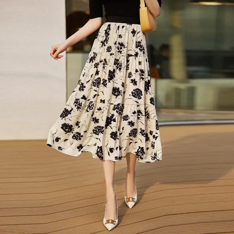 

New Spring and Summer Women's High Waist Loose Elastic Pleated Korean A-Line Printed Classic Fashion Casual All Match Skirt B41