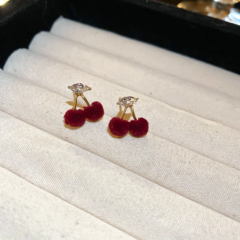 Minar Cute Lovely Red Color Velvet Plush Rhinestone Cherry Pendant Dangle Earrings for Women Gold Plated Alloy Holiday Jewelry