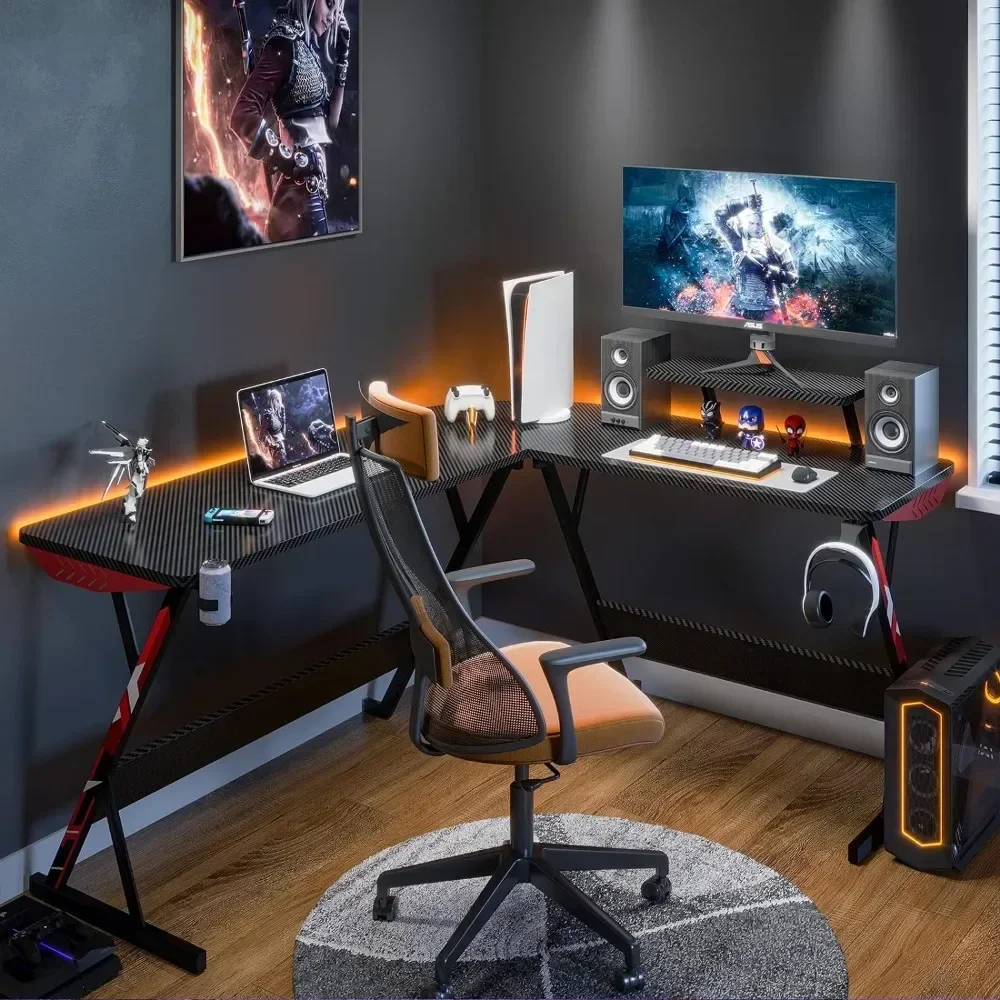 Gaming Computer Desk L Shape, with Carbon Fiber Surface, Gamer Desk Gaming Table with Monitor Shelf, Cup Holder & Headphone Hook