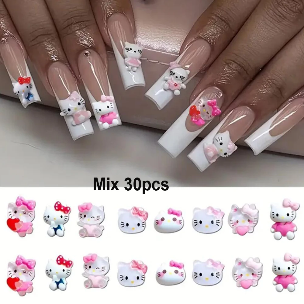 

30 шт./пакет, смешанные 3D украшения для дизайна ногтей «Hello Kitty», мультяшный розовый галстук-бабочка, подвески для ногтей «Kitty», милый декор для ногтей на Рождество/праздник/вечеринку