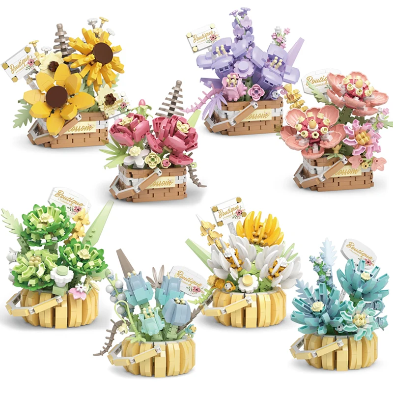 8pcs/set Sunflower Potted Basket Flower Micro Building Blocks Rose Plant Bouquet Mini Bricks Decoration Toys For Children Gift