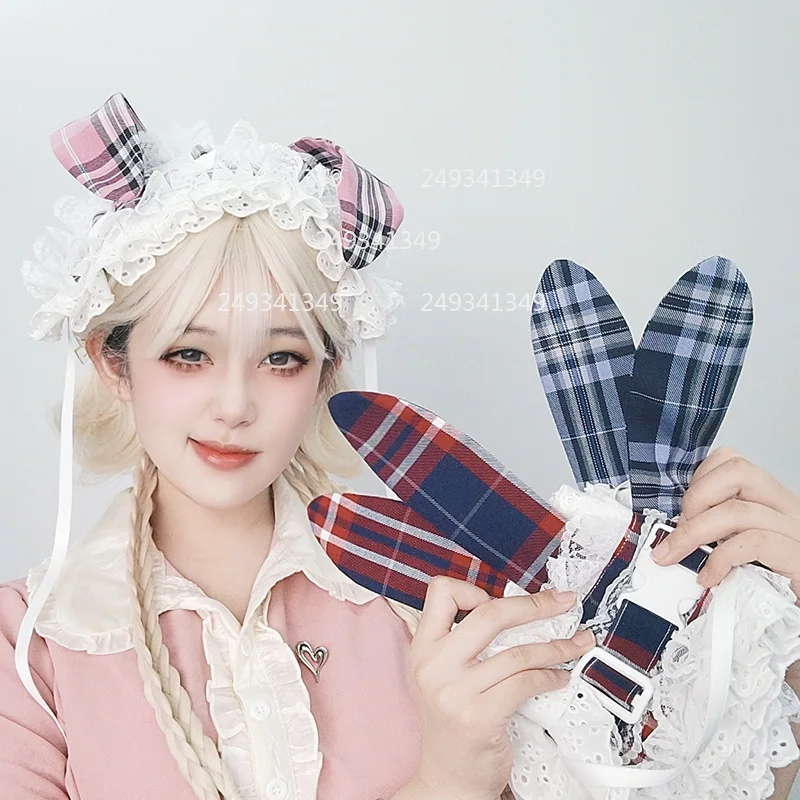 체크 패턴 토끼 귀 코스프레 헤드웨어 로리타 소녀 러플 레이스 조절 가능한 고양이 귀 머리띠 코믹콘 무대 의상 액세서리