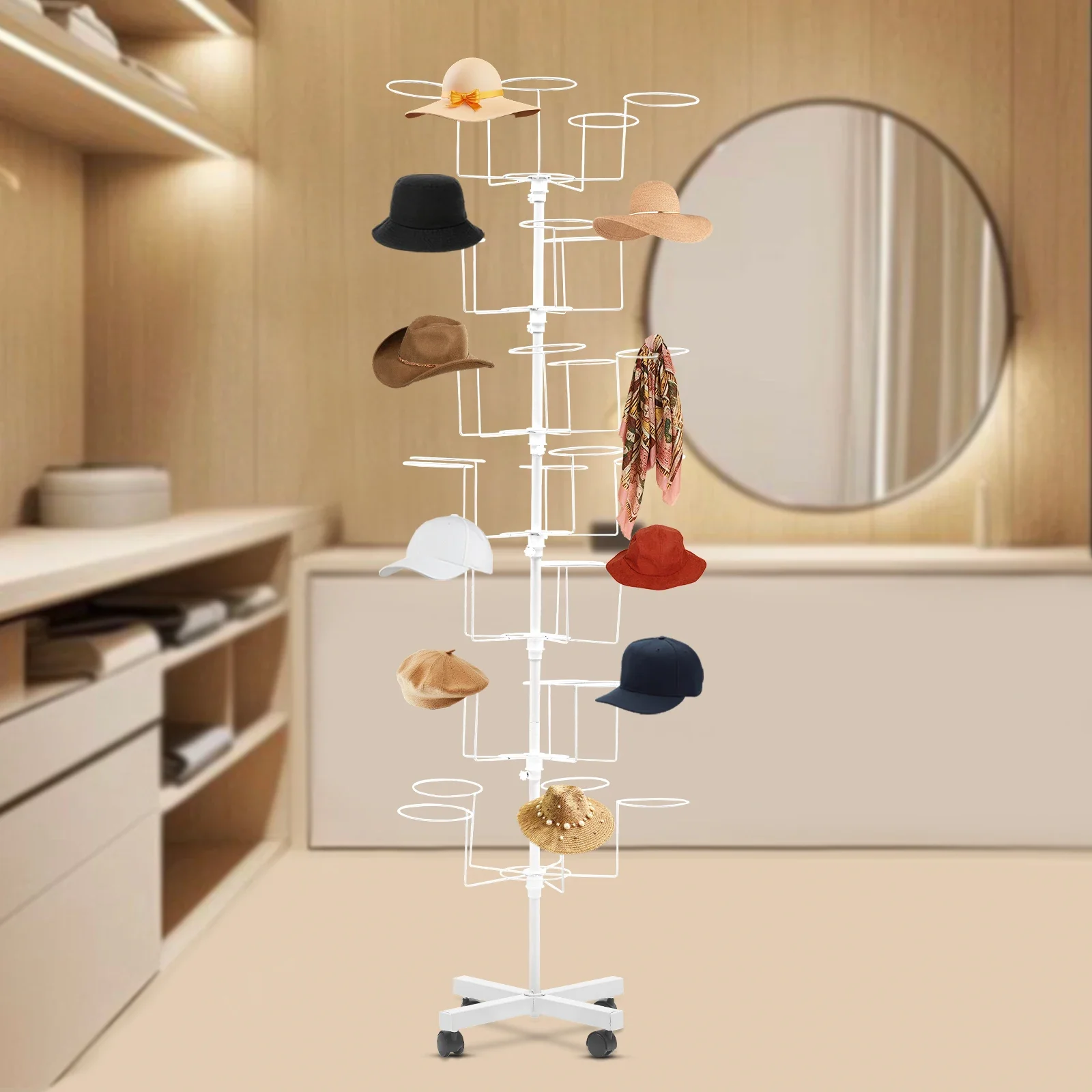 

7 Tiers Hat & Cap Rotating Display Rack Stand Spinner Floor Holder Store Hanger Display Stand Rotating 35 Hat +Wheels