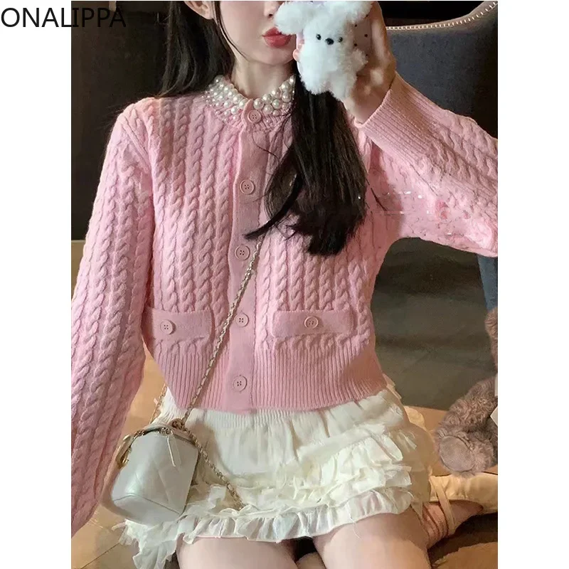 Onalippa Kurze Strickjacke mit Perlenperlen-Hanfmuster, süße Kawaii-Strickjacke in Rosa, kleiner Duftpullover im französischen Stil