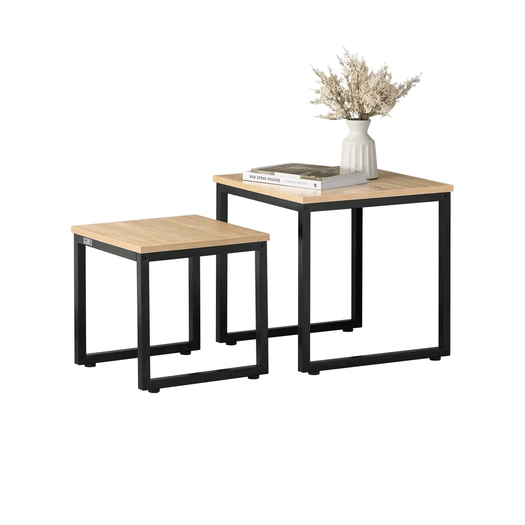 ！@Combohome Industrial Rustic Wooden Top Stacking Nesting Coffee Table Set of 2 End Side Tables Set Living Room Wood Sofa Table