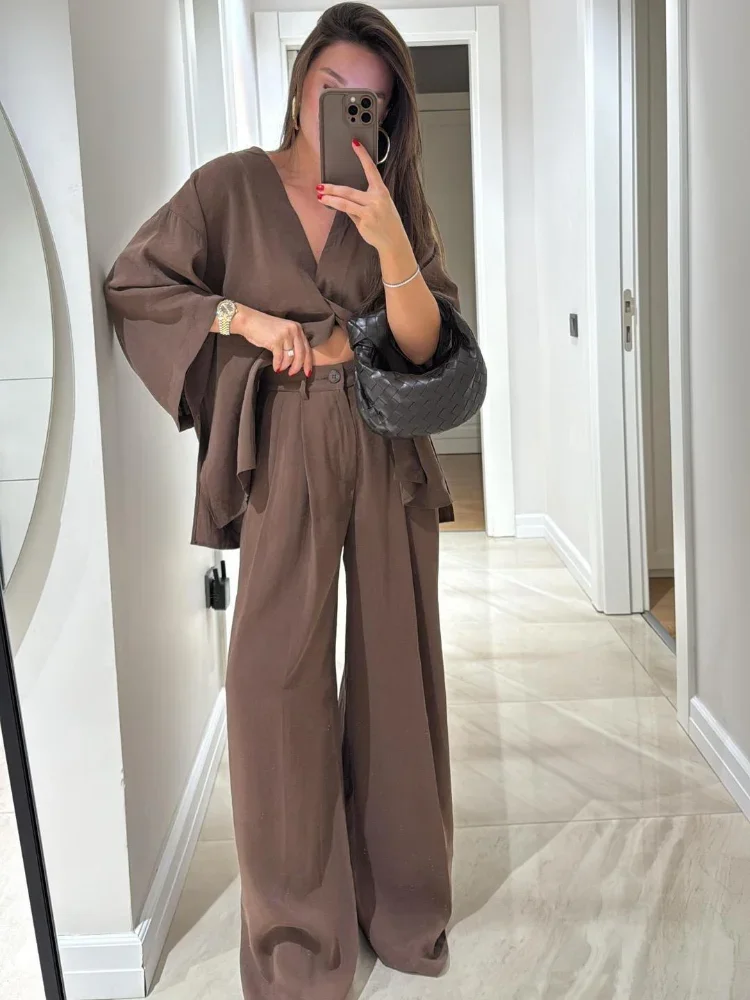 

Casual Cotton Linen Loose Long Pants Suits Fashion Half Bubble Sleeve V-neck One Button Shirt Sets Lady Summer Street Outfit New