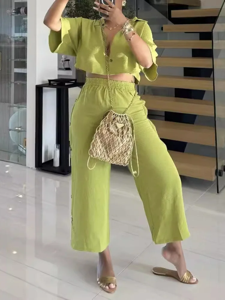 

Three Sisters Spring Summer Fashion Casual Comfort Vacation Seaside Woman Clothes Solid Color Ladies Two Piece Sets Pantsuits