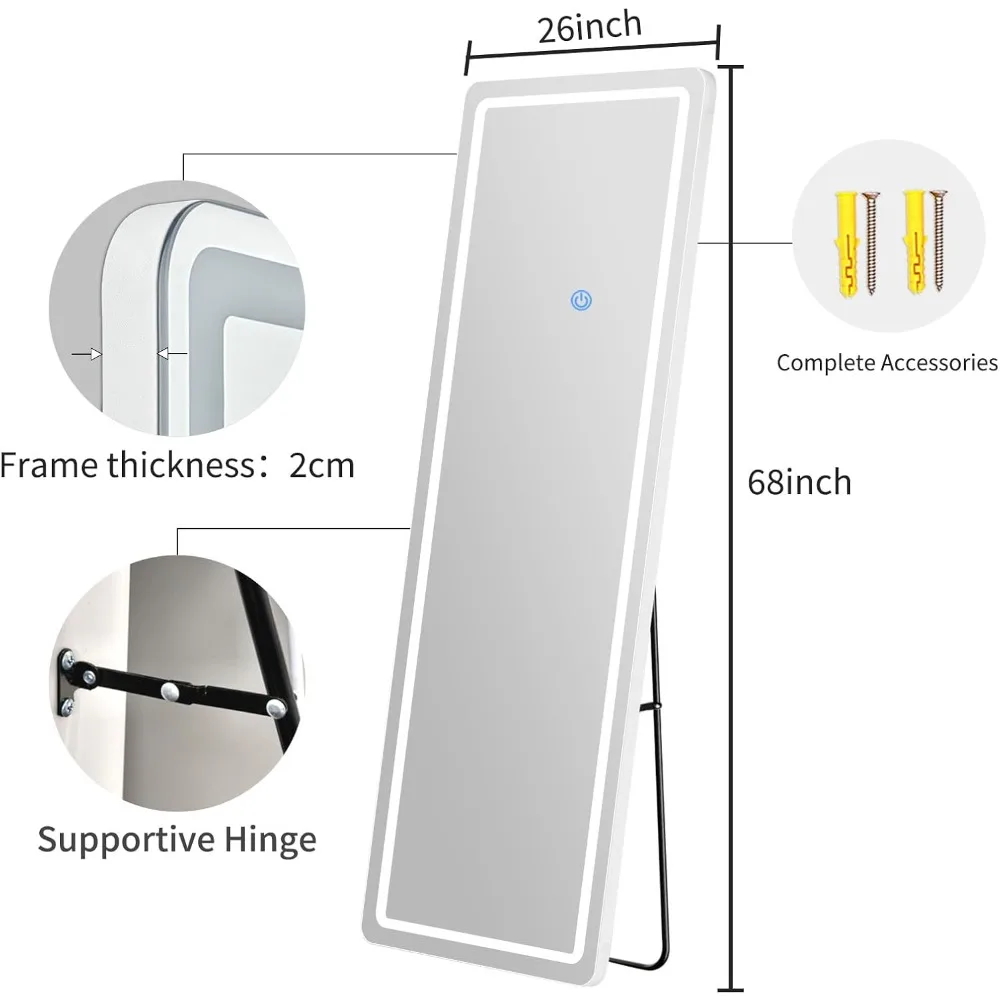 Miroir pleine longueur éclairé par LED, verre trempé, 26x68, gradation réglable, 3 options de couleur, support de porte et support inclus, idéal pour f
