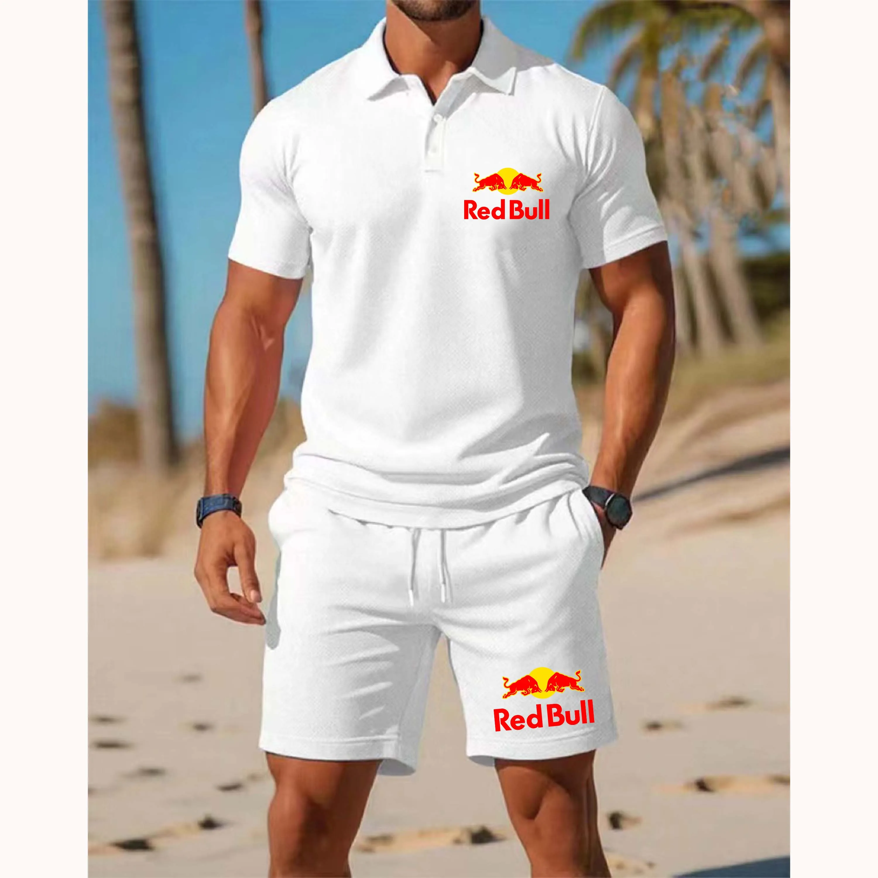 

Мужской летний новый спортивный сетчатый тканевый рубашка-поло Red Bull с воротником и короткими рукавами, повседневный комплект, свободный пляжный спортивный дышащий комплект