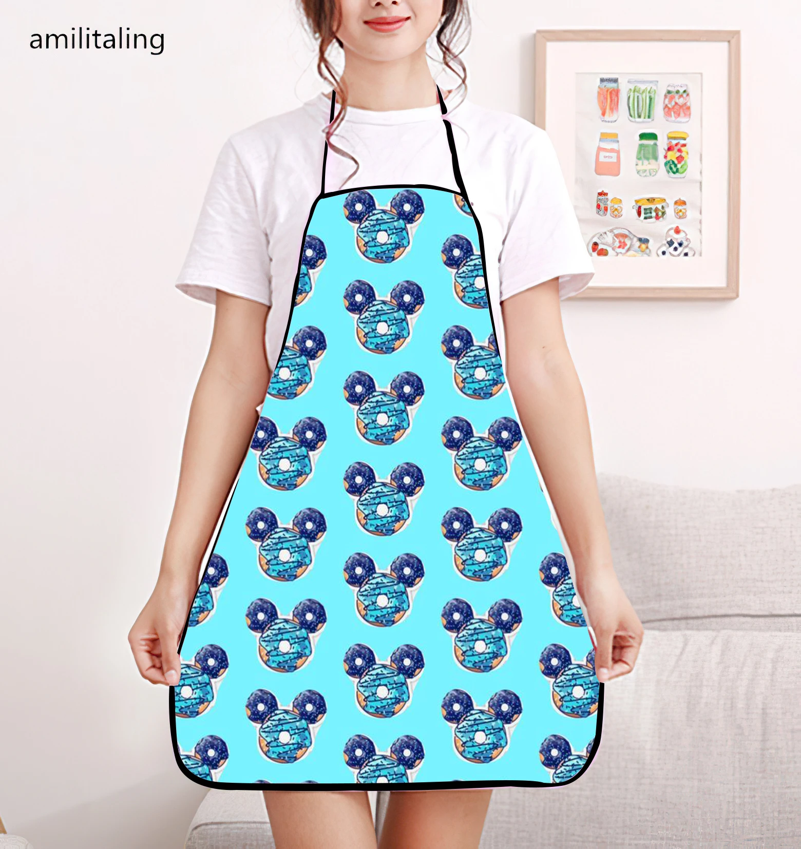 Disney Mickey Rainbow Print Bib Apron - Waterproof and Durable Polyester Material, Non-Stretch Fabric Y2K Kitchen Manicure Apron