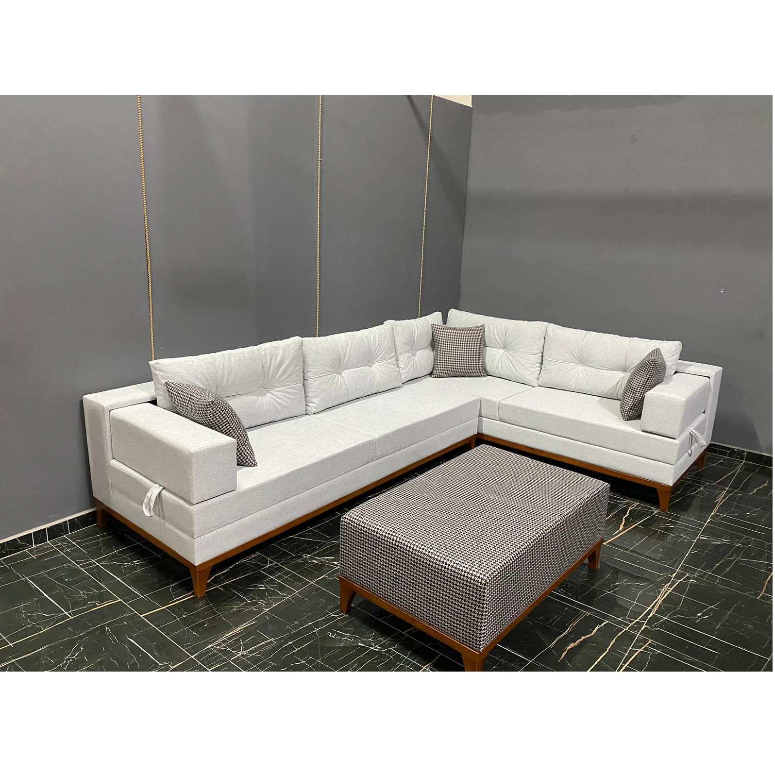 

*Bucharest Corner L-Shaped Wood Sofa Set-Luxury Modern Italian Style Best Seller for Living Room Warehouse & Villa Use