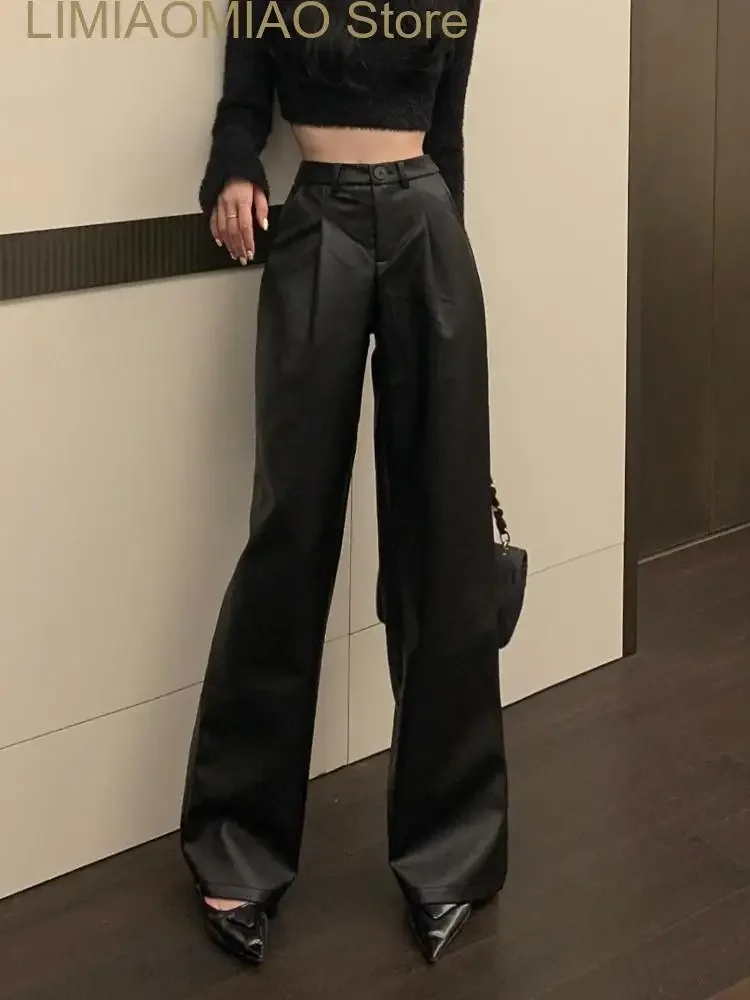 Nuevos pantalones de cuero negro para mujer, pantalones holgados informales elegantes de cintura alta, moda coreana para mujer, pantalones rectos de pierna ancha para invierno