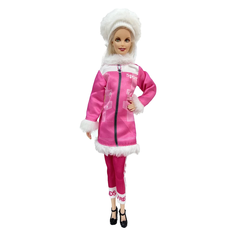 Nk vestido rosa oficial para roupas de boneca bjd 1/6, brinquedo de esqui, chapéu branco nobre de inverno + roupas longas + calças rosa, brinquedos de casa de boneca