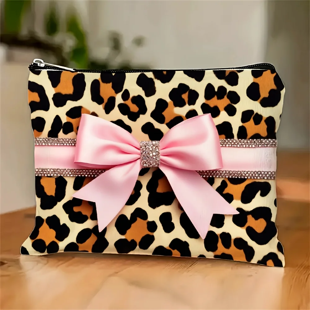 A Pink leopard print makeup bag with bow- multifunctional zipper pouch, jewelry storage bag, perfect travel zipper small storage