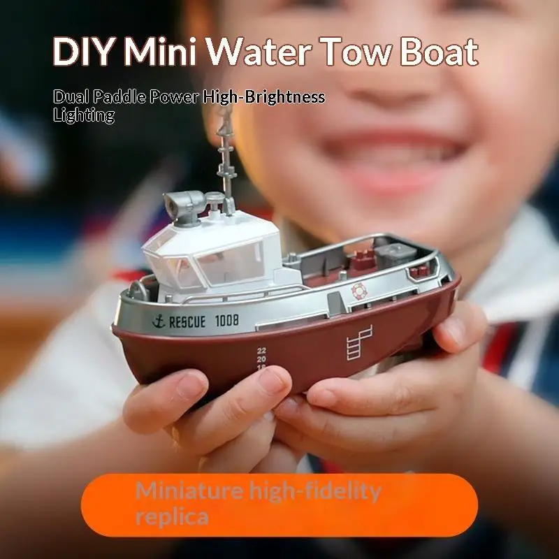 1:32 Mini RC Tugboat Toy Rechargeable High Speed Remote Control Boat With LED Light Electric Watercraft Model Toys For Kids Gif