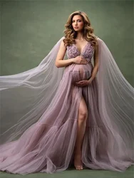 Purple Maternity Prom Dress Robe Pregnant Lace Pajams Sexy Sleepwear Bathrobe Photoshot Fluffy Tiered Party Gowns