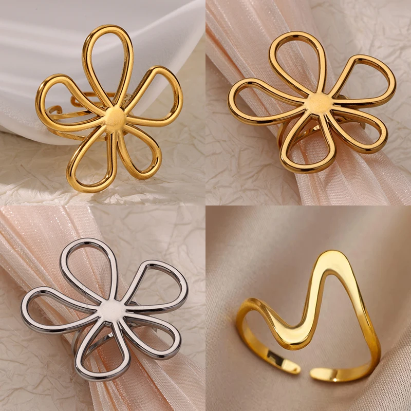 Anillos abiertos de flores huecas de acero inoxidable para mujer, anillo de boda estético de moda, accesorios de joyería para mujer, regalos