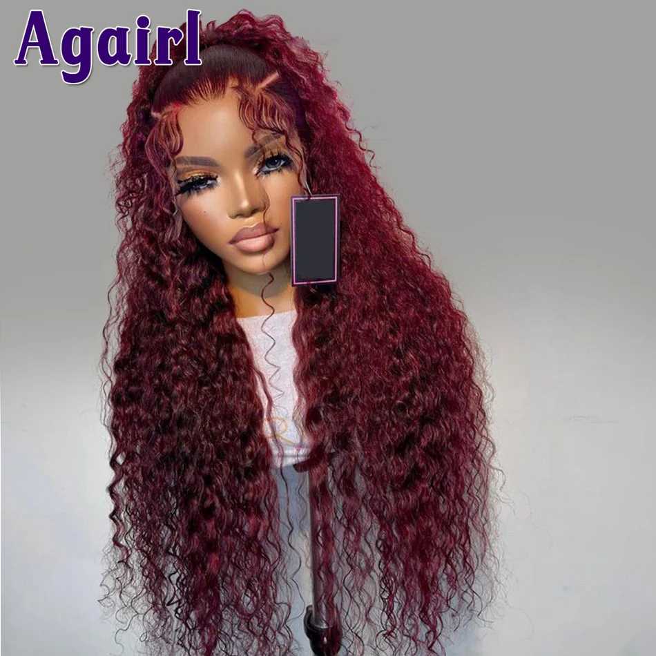 Perruque Brésilienne Naturelle Bouclée Rouge Foncé 99J, Cheveux Crépus Bordeaux, 13x6, avec Bonnet en Dentelle, 6 Tages