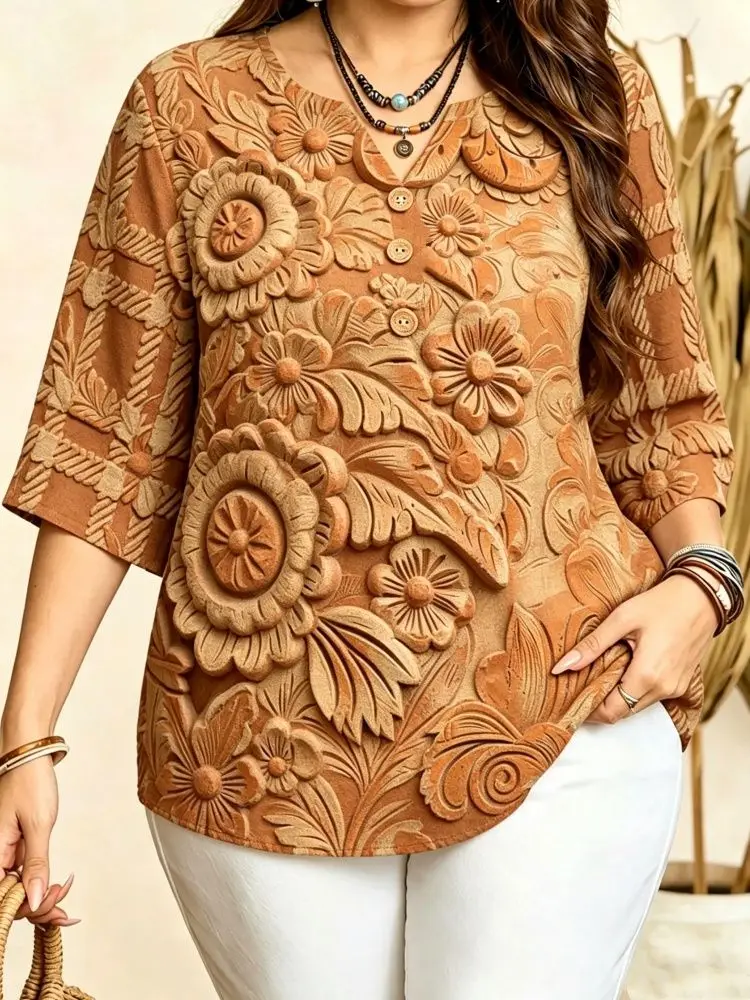 Plus Size Notch V Neck Blouse 3 Decorative Buttons 3/4 Sleeve 3D Floral Leopard Animal Print Loose Casual Women Daily Top
