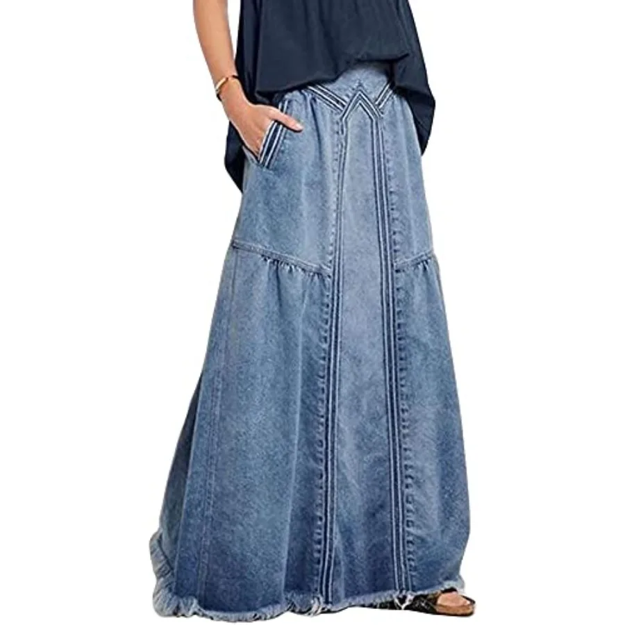 ebossy Women's Casual Elastic Waist Frayed Hem A-Line Distressed Hippie Long Maxi Denim Skirt view 2