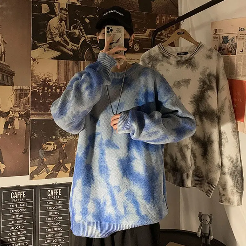 Pullovers masculino camisola tie dye outono inverno solto básico harajuku japonês novo ins na moda coreano tricô todos os jogos estudantes quentes