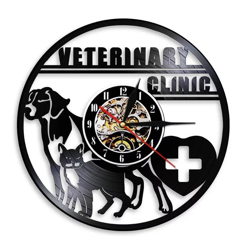 Veterinary Clinic Vinyl Record Wall Clock Dog Cat Pet Hospital Decor Silent Scan Quartz Night Light Clock Vet Gift