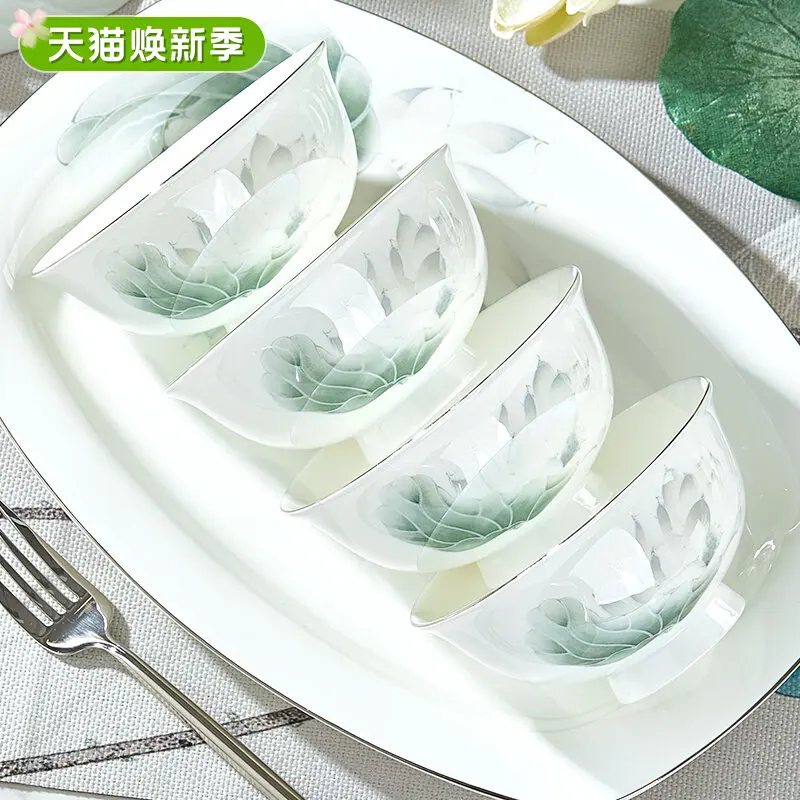 PYH bone china rice bowl household new high-value light luxury silver edge tableware, dish set, dish combination