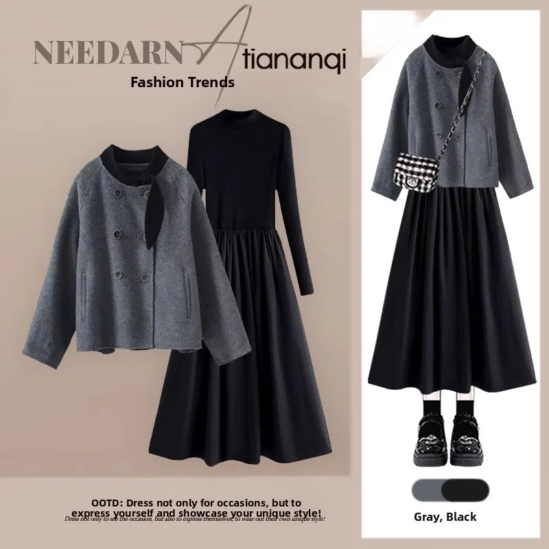 

Осенне-зимнее женское модное пальто в корейском стиле с цветовыми блоками и эффектом стройности, а также платье с завышенной талией для создания элегантного образа.