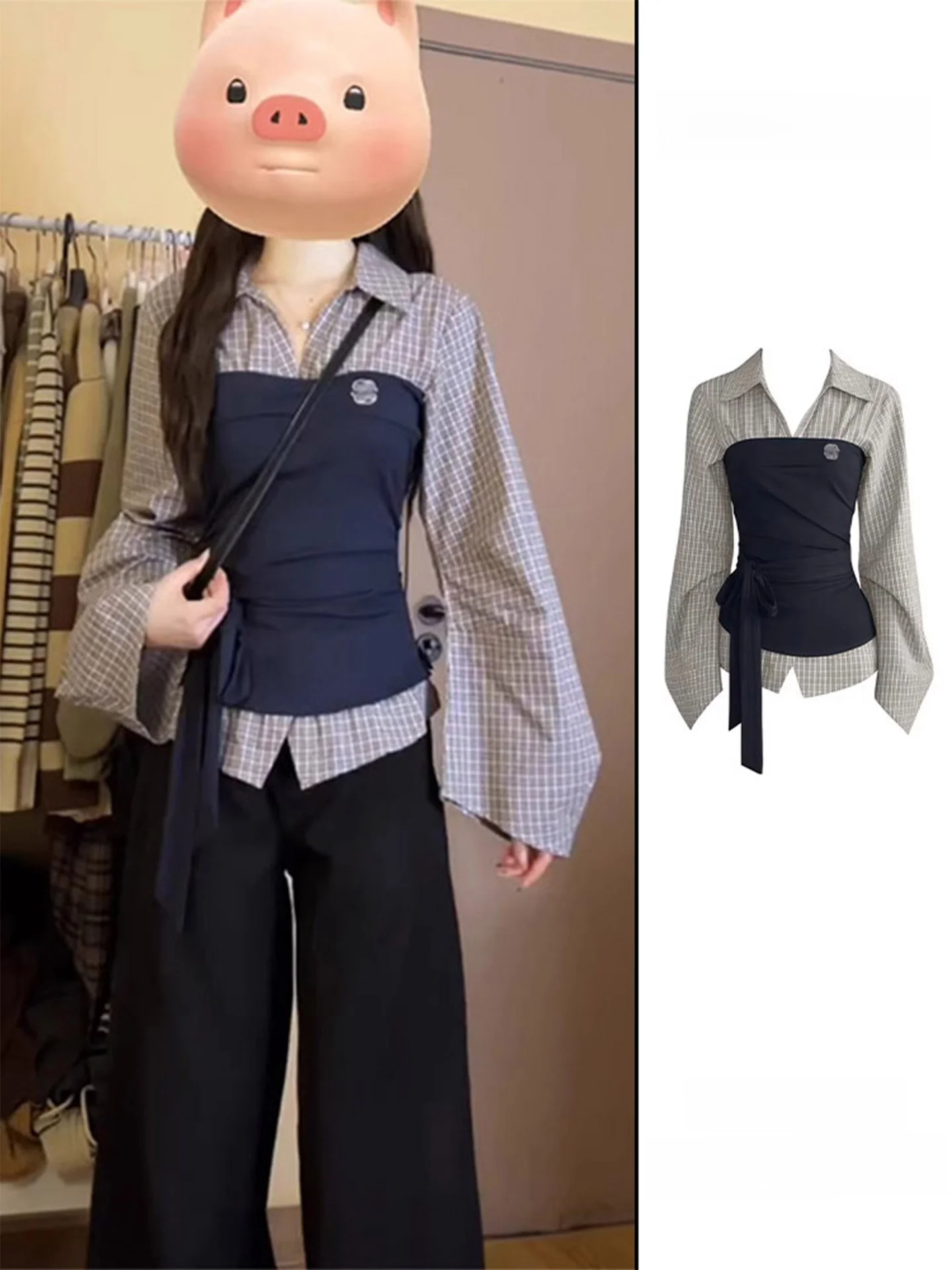 

Korean Style Plaid Shirt Women's Spring Slim Fit Long Sleeve Waist Cinched Fake Two-Piece Color Block Checkered Top