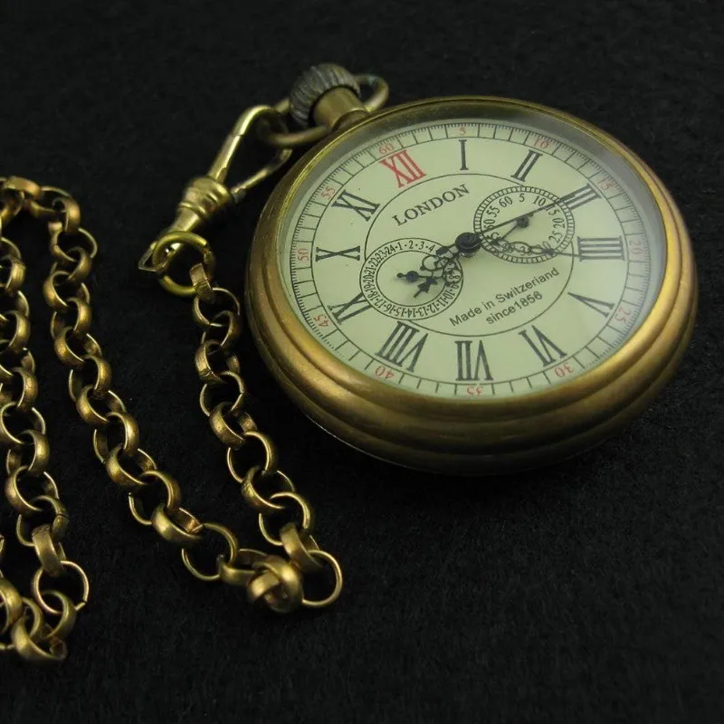 Men's Vintage Full Copper Hand-Wind Mechanical Second&24hours Sub-dials Pocket Watch in Box