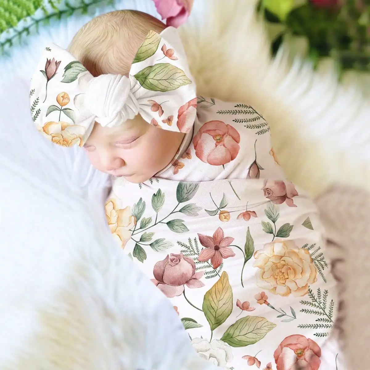 Ylsteed Newborn Photography Wrap with Matching Headband Floral Print Baby Swaddle for Photo Shooting Portrait Photography Props