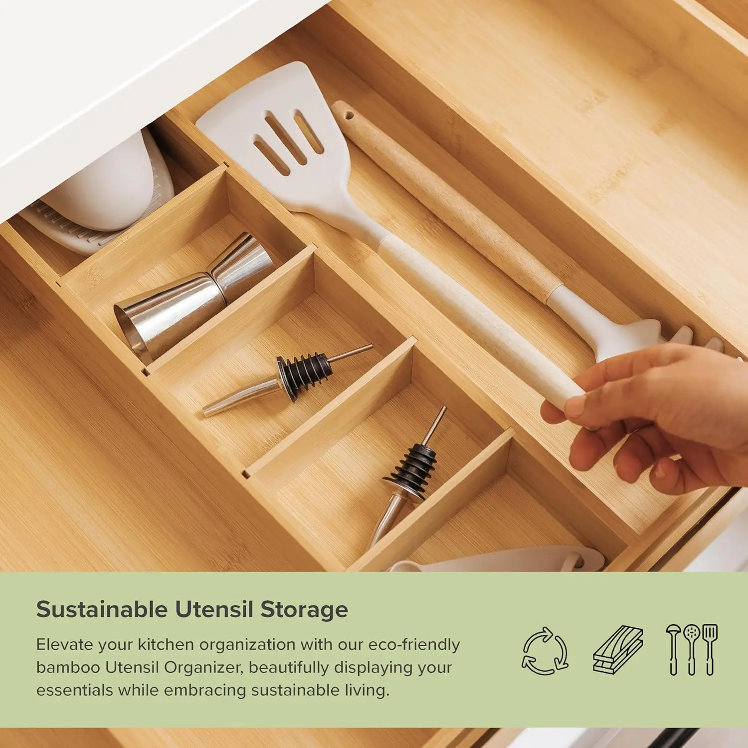 Adjustable Kitchen Drawer Organizer, 16-28in Expandable, Natural Bamboo, Food-Safe & Sustainable