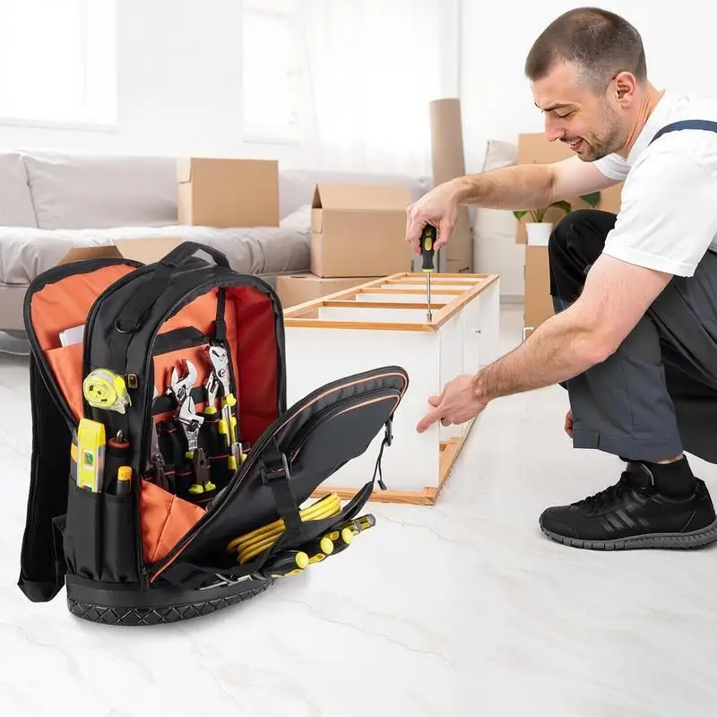 Sac à dos à outils, capacité 31,75 kg, sac à outils 37x19,5x52 cm avec 65 poches, compartiment pour ordinateur portable, base, organisateur avec outil robuste pour chantier, électricien, réparateur CVC