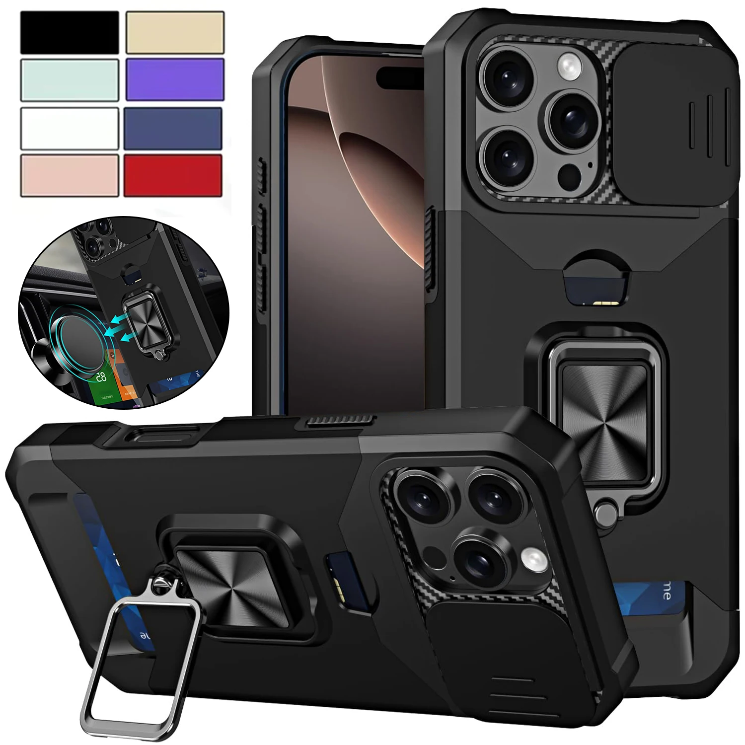 Case For iPhone 16 15 14 13 12 11 Pro Max XS Slide Camera Card Holder Heavy Duty Protective  Ring Magnetic Kickstand Armor Cover