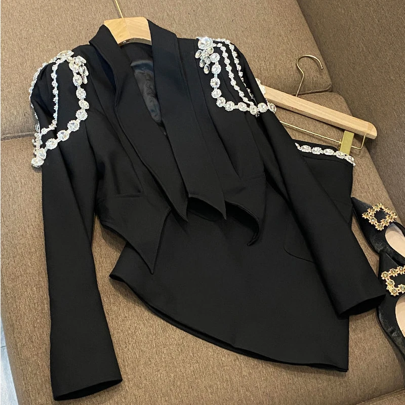 Diamond Chain Irregular Jacket OL Turn Down Collar Rhinestone Blazer Coat Crystal Tops + Beads Package Skirt Woman Suit 2pcs Set