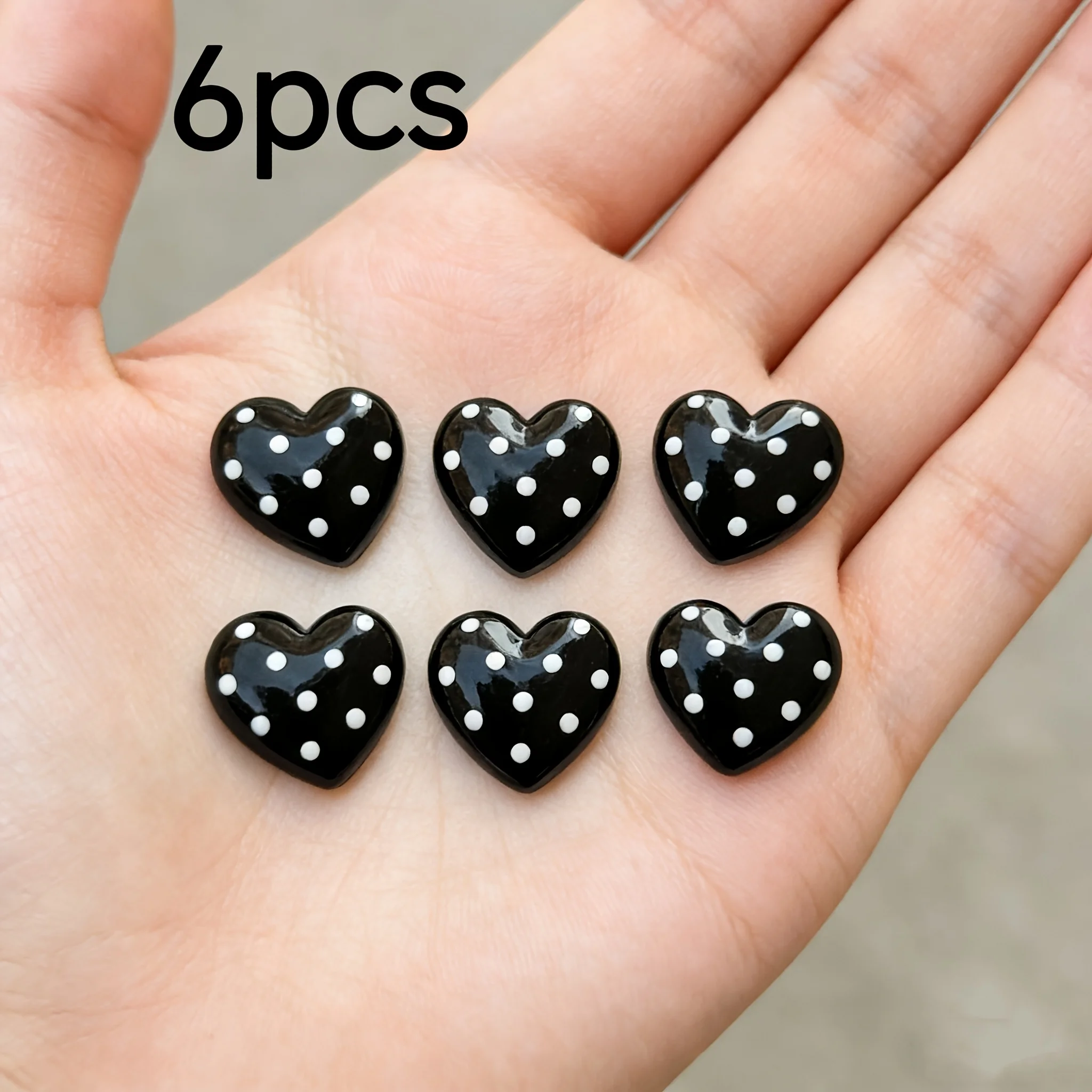 Set of 6 Black Background with White Polka Dot Heart Resin Fridge Magnets, Cute Fridge Magnets, Decorative Fridge Magnets